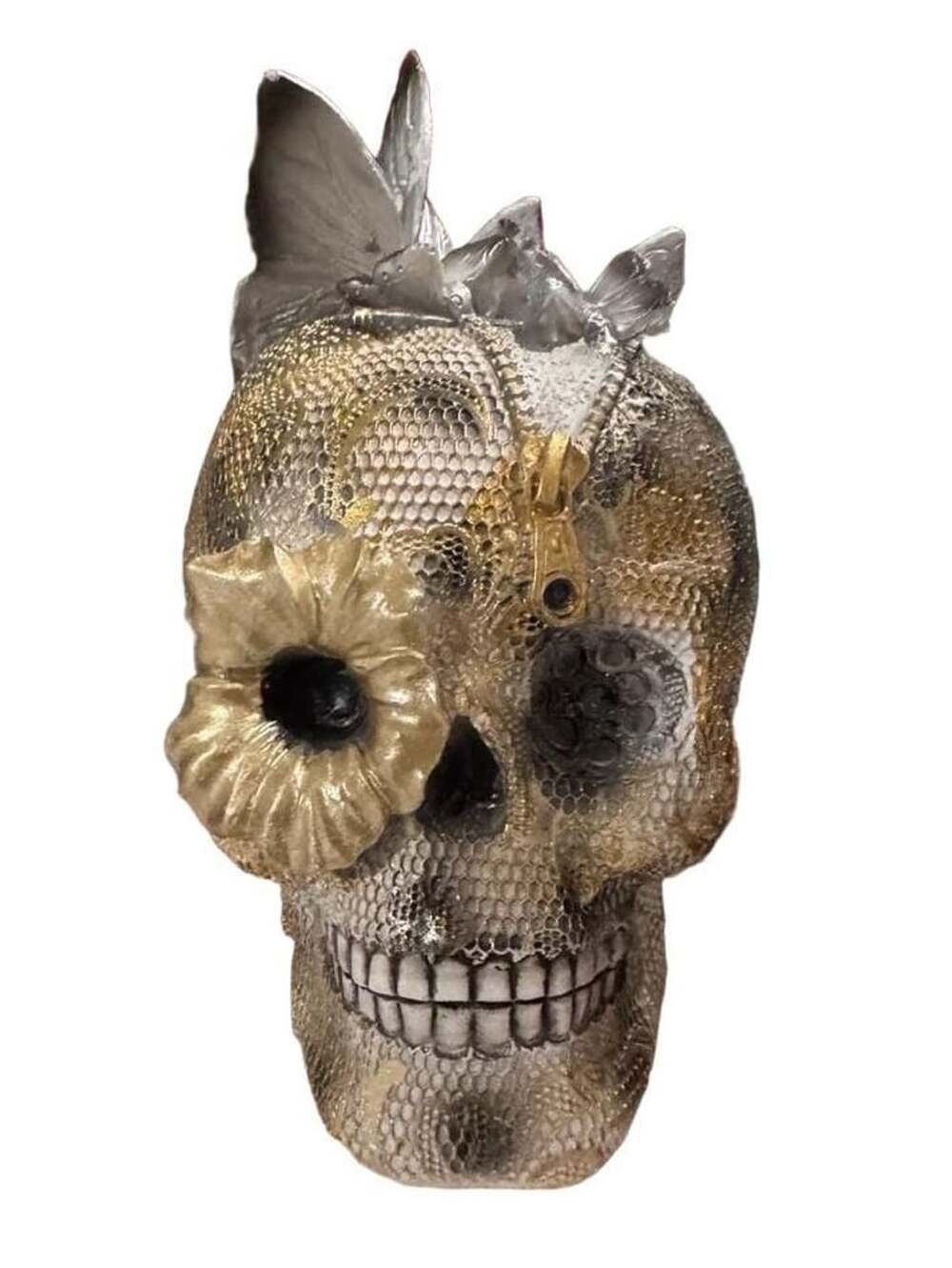 Decorative Gold and Silver Skull with Butterflies and Zipper Figurine